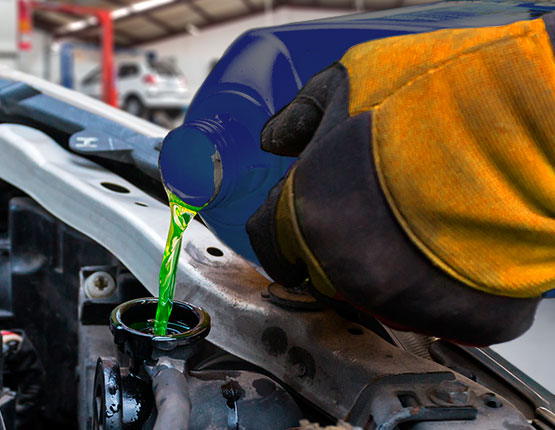 Mecánico vertiendo el contenido de una botella de anticongelante al motor